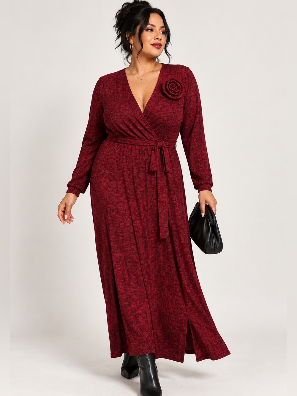 Torrid Size 3 Burgundy Marled Wrap Maxi Dress Rosette